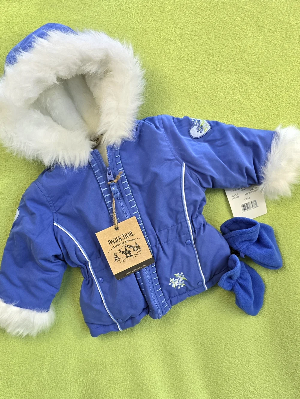 NWT  9-12M  Baby GIRLS HOODED COAT - JACKET FUR LINED + MITTENS (Q1)
